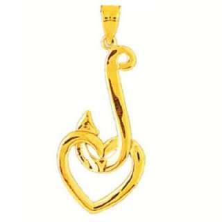 14k Yellow Gold FISH HOOK WITH HEART Pendant / Charm 5/8 in x 1.3/8 