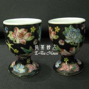 70s Rare Chinese Porcelain Black Flower Egg Cup , 2pcs  