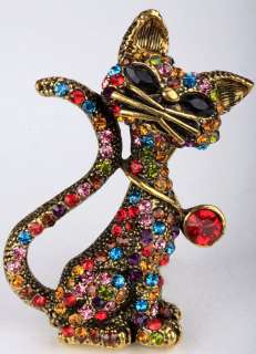 Gold multi crystal cat pin brooch pendant ,matching ring available 