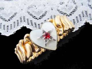 Vintage Valentine Sweetheart Bracelet Gold Expansion MOP Heart & Red 