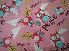 Cute Blue & Red PEACE Owl on Pink Polks Dot Flannel Fabric
