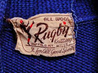 Vintage Mens Rugby Sweater Royal Blue Wool 1930s 44 Chest Elbow 
