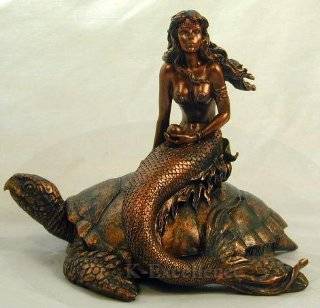 MERMAID RIDING SEA TURTLE Fantasy Sculpture Figurine Antique Bronze 