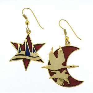 Gold Plated Bird and Sea Cloisonne Earrings in Star and Crescent Moon 