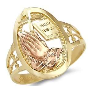   12   14k Yellow and Rose Gold Cross Praying Hands Bible Ring Jewelry
