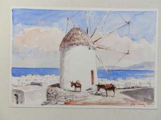   Watercolor Painting Europe Mediterranean Windmills & Donkeys  