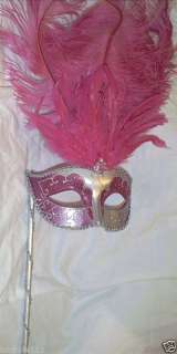   Pink Silver Stick Venetian Masquerade Feather Mask 831687061509  