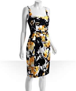 David Meister yellow watercolor floral ruched sheath dress   