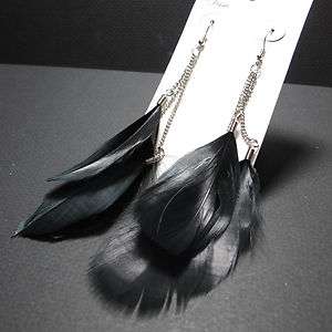 Natural 3 Tiers Black Feather Hand made Dangle Earrings  