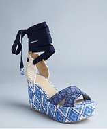 Theodora Callum blue printed linen wedge sandals style# 320092201