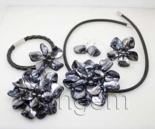 black shell mother of pearl flower necklace set pendant bracelet 