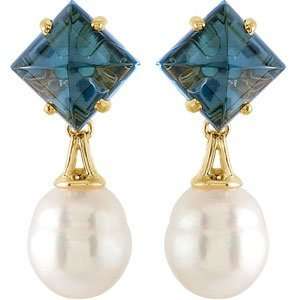   Gold South Sea Cultured Pearl And Genuine London Blue Topaz earrings