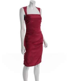 Nicole Miller wine stretch silk ruched square neck dress   up 