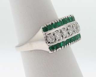 Natural Emeralds Diamonds Solid 14k White Gold Band  