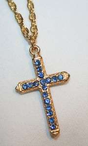 Dainty Goldtone Pave Blue Rhinestone Cross Necklace  