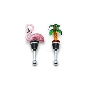   Pink Flamingo and Palm Tree Glass Wine Stoppers
