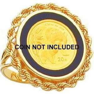    14K Gold 1/20oz Panda Coin Open Back Onyx Rope Bezel Ring Jewelry