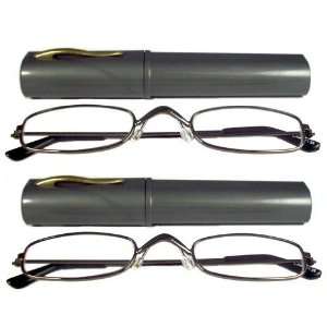  Reading Glasses~CLOSEOUT~Lot Of 2~Metal~Tube Case~SILVER 