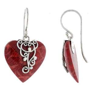   Silver Heart Natural Red Coral Earrings 13/16 (21mm) Jewelry