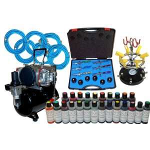  Decorating System 6 Airbrushes, Twin Cylinder Piston Air Compressor 