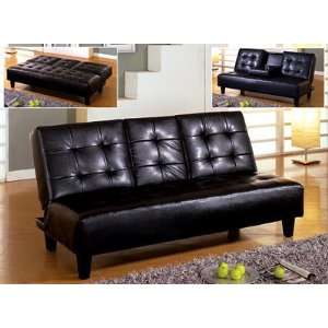 PU Futon Sofa/Bed with Beverage Table & Cup Holder In Black Finish in 
