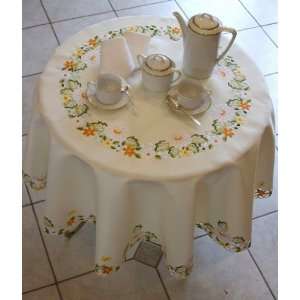  72 Round ,White, Tablecloth Embroidered