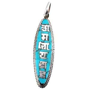   Silver Om Mani Padme Hum Turquoise Inlaid Oval Shaped Tibetan Pendant